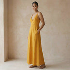 Yellow Cotton Flax Deep V-Neck Cami Maxi Dress