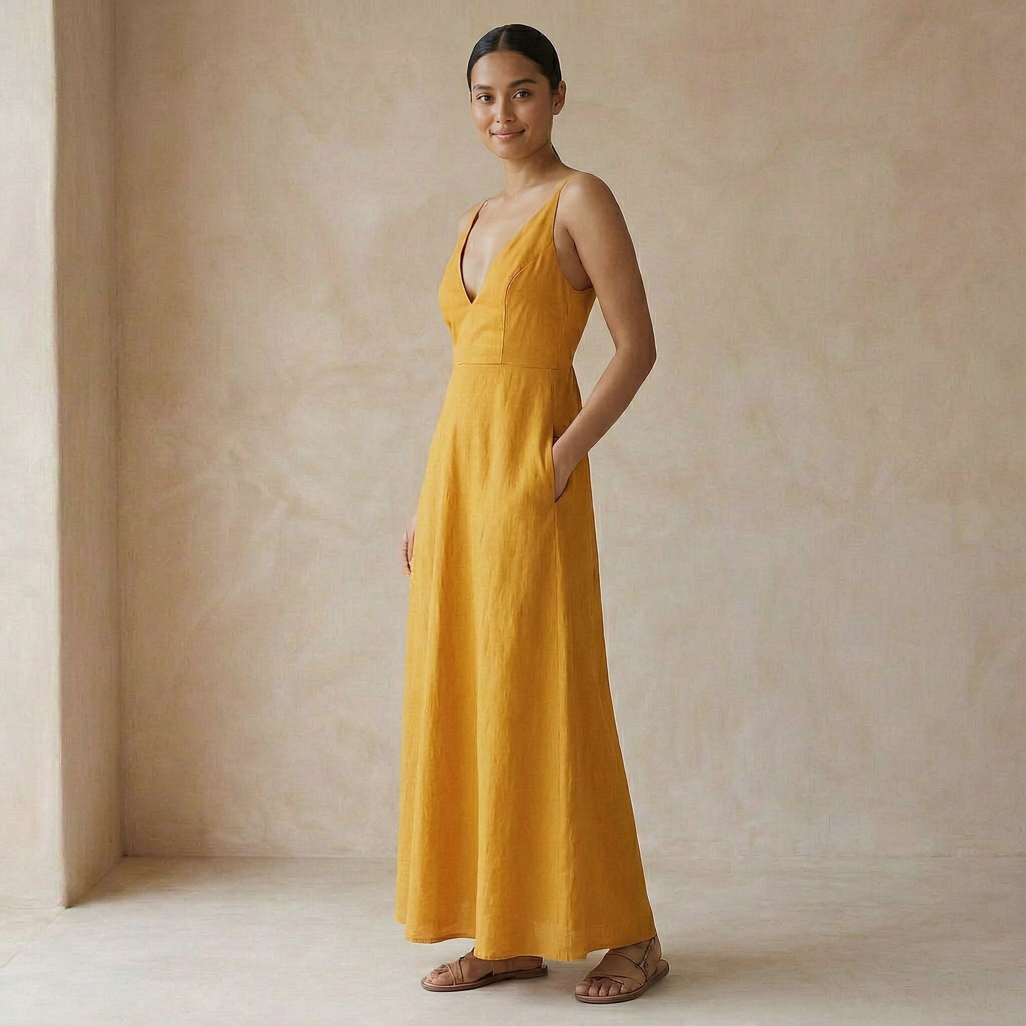 Yellow Cotton Flax Deep V-Neck Cami Maxi Dress