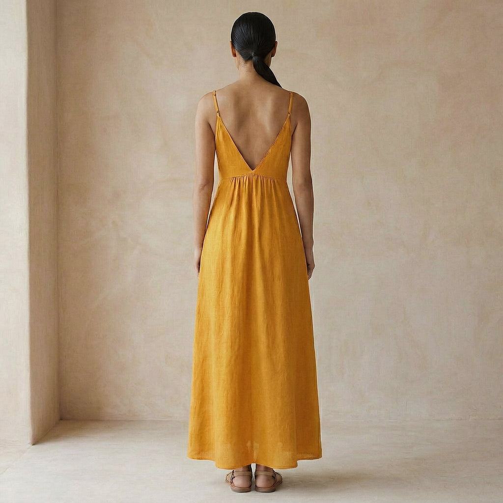 Yellow Cotton Flax Deep V-Neck Cami Maxi Dress