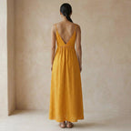 Yellow Cotton Flax Deep V-Neck Cami Maxi Dress
