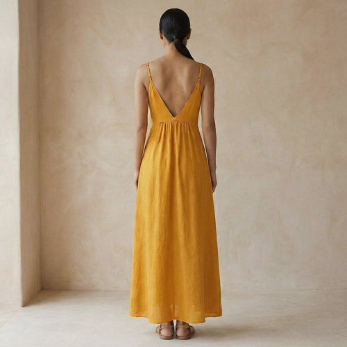 Yellow Cotton Flax Deep V-Neck Cami Maxi Dress