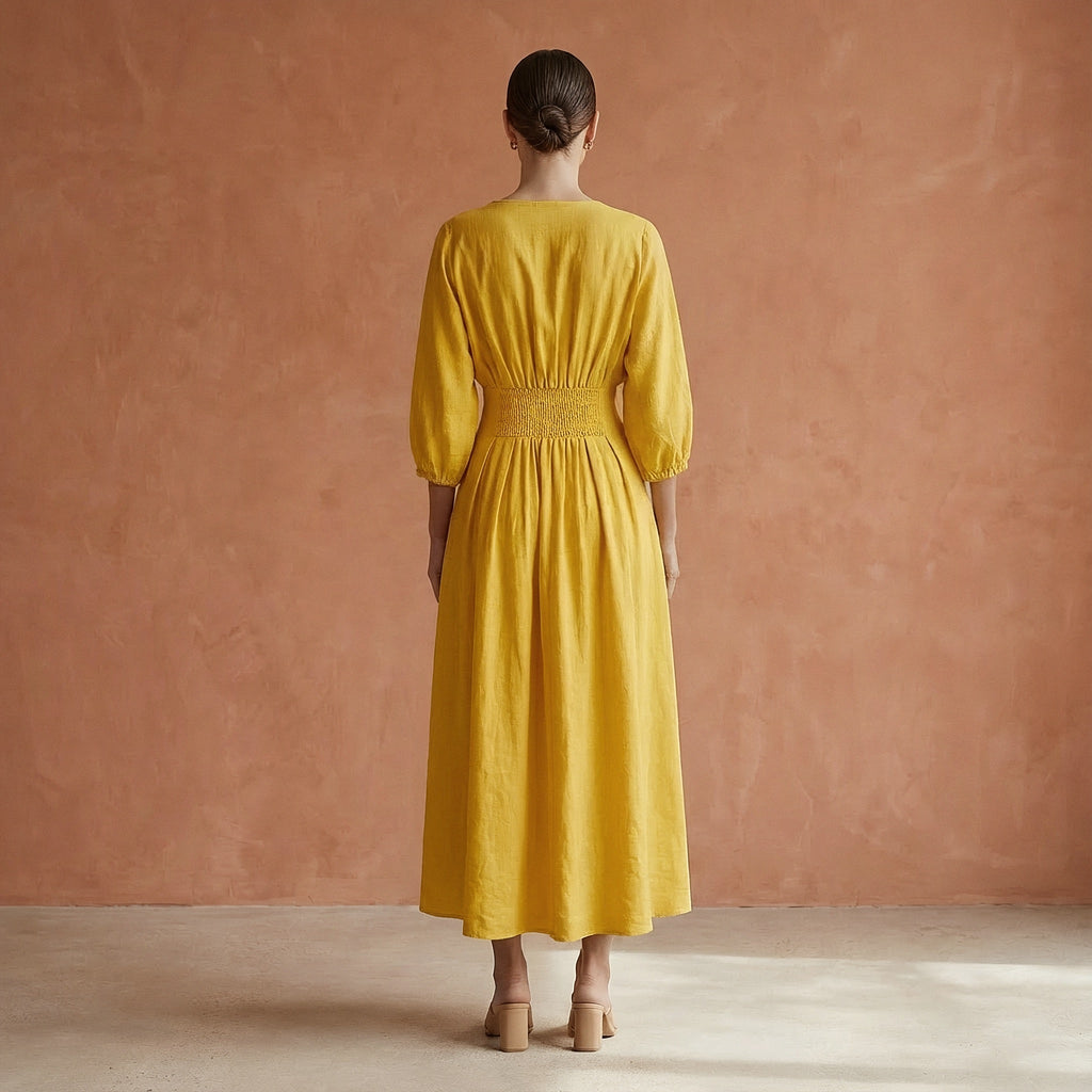 Yellow Cotton Flax Deep-V Neck Empire Waist Maxi Dress