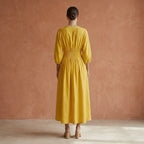 Yellow Cotton Flax Deep-V Neck Empire Waist Maxi Dress