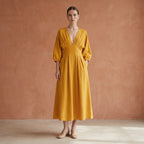 Yellow Cotton Flax Deep-V Neck Empire Waist Maxi Dress