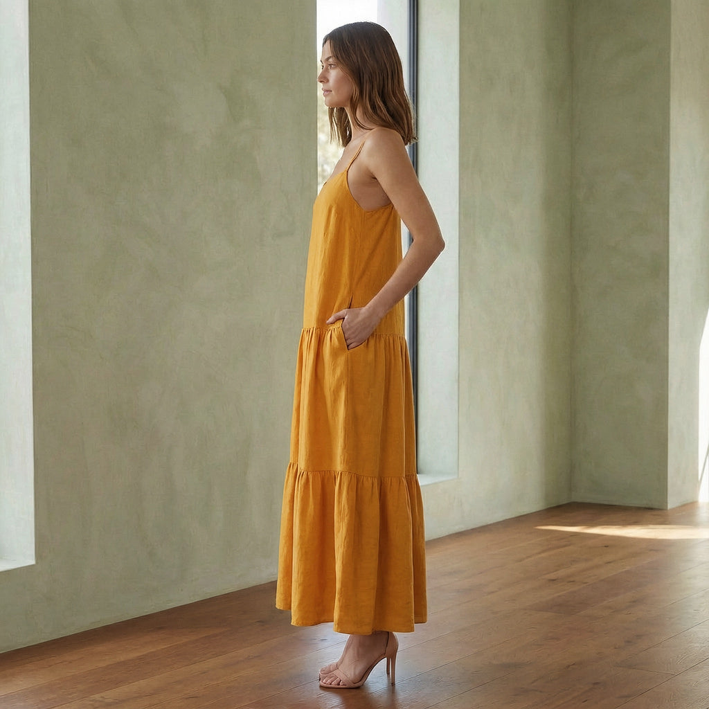 Yellow Cotton Flax Drop-Waist Camisole Maxi Tier Dress