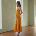 Yellow Cotton Flax Drop-Waist Camisole Maxi Tier Dress