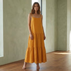 Yellow Cotton Flax Drop-Waist Camisole Maxi Tier Dress