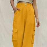 Yellow Cotton Flax Elasticated High-Rise Cargo Pant