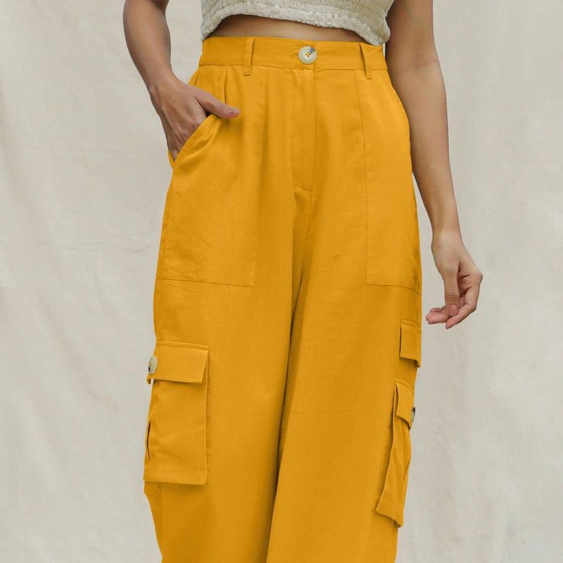 Yellow Cotton Flax Elasticated High-Rise Cargo Pant