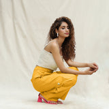 Yellow Cotton Flax Elasticated High-Rise Cargo Pant