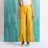 Yellow Cotton Flax Elasticated Mid-Rise Wide Legged Pant
