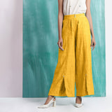 Yellow Cotton Flax Elasticated Mid-Rise Wide Legged Pant