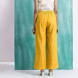 Yellow Cotton Flax Elasticated Mid-Rise Wide Legged Pant