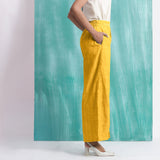 Yellow Cotton Flax Elasticated Mid-Rise Wide Legged Pant
