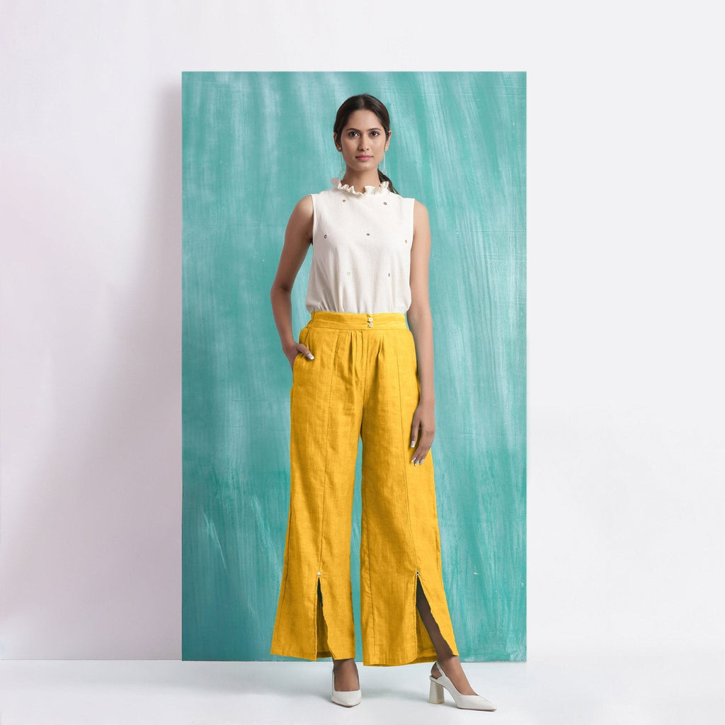 Yellow Cotton Flax Elasticated Mid-Rise Wide Legged Pant