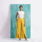 Yellow Cotton Flax Elasticated Mid-Rise Wide Legged Pant