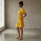 Yellow Cotton Flax Elasticated Short Tier Dress