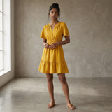 Yellow Cotton Flax Elasticated Short Tier Dress