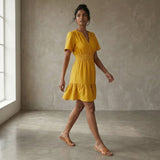 Yellow Cotton Flax Elasticated Short Tier Dress