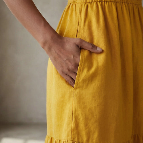 Yellow Cotton Flax Elasticated Short Tier Dress