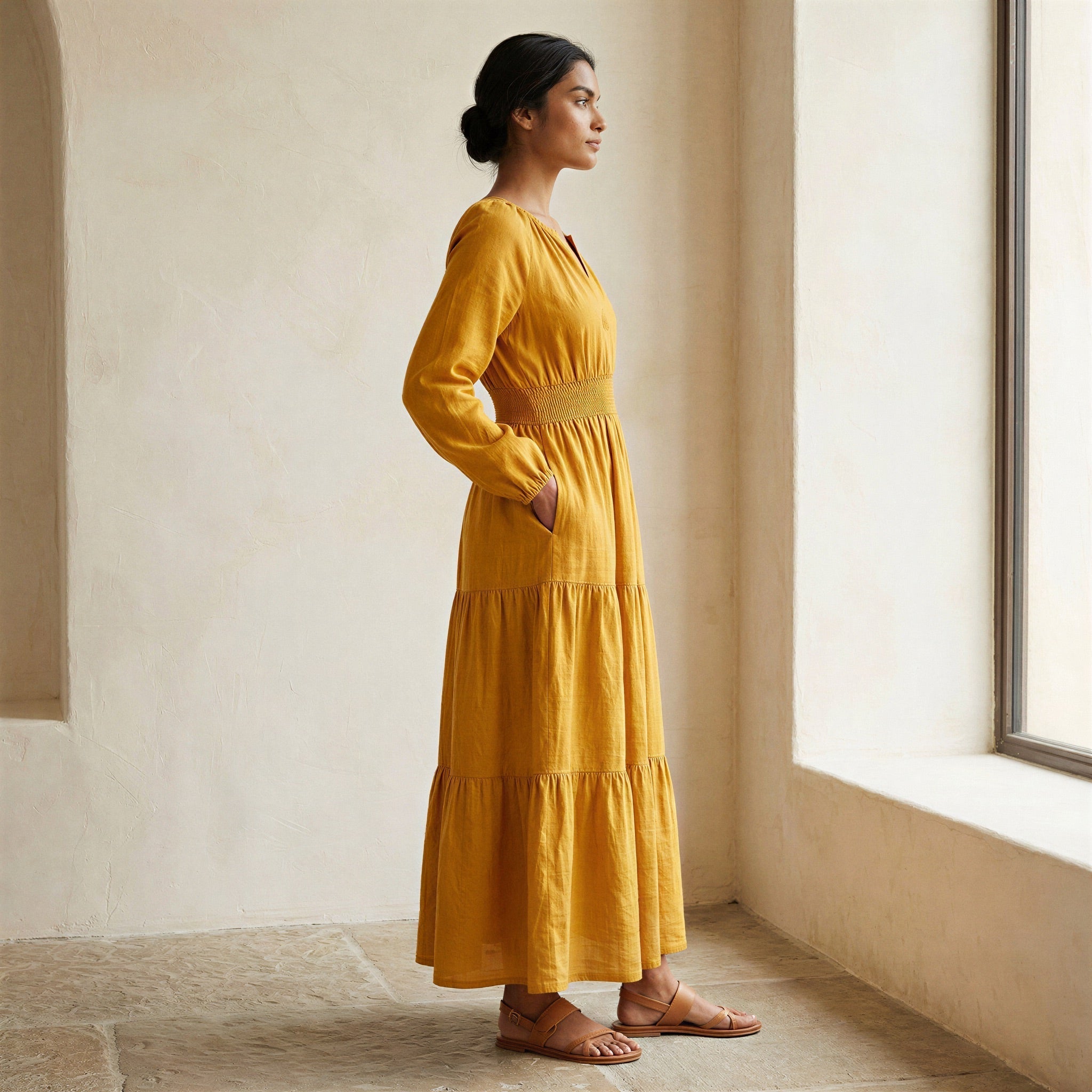 Yellow Cotton Flax Fit and Flare Maxi Tier Dress