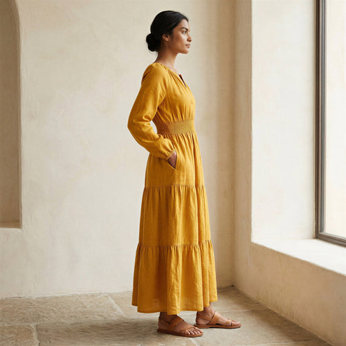 Yellow Cotton Flax Fit and Flare Maxi Tier Dress