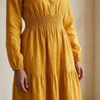 Yellow Cotton Flax Fit and Flare Maxi Tier Dress