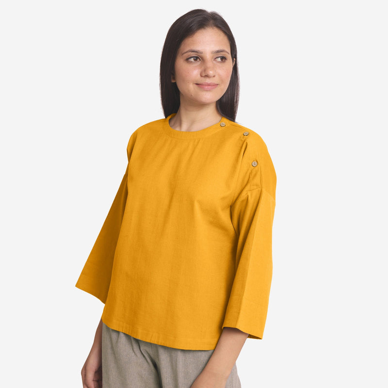 Left View of a Model wearing Yellow Cotton Flax Flared A-Line Top