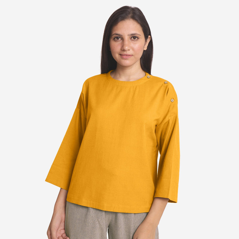 Front View of a Model wearing Yellow Cotton Flax Flared A-Line Top