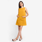Front View of a Model wearing Yellow Cotton Flax Kangaroo Pocket Dress