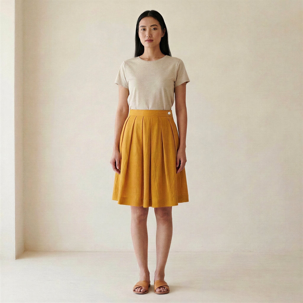 Yellow Cotton Flax Knee-Length Pleated Skirt