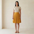 Yellow Cotton Flax Knee-Length Pleated Skirt