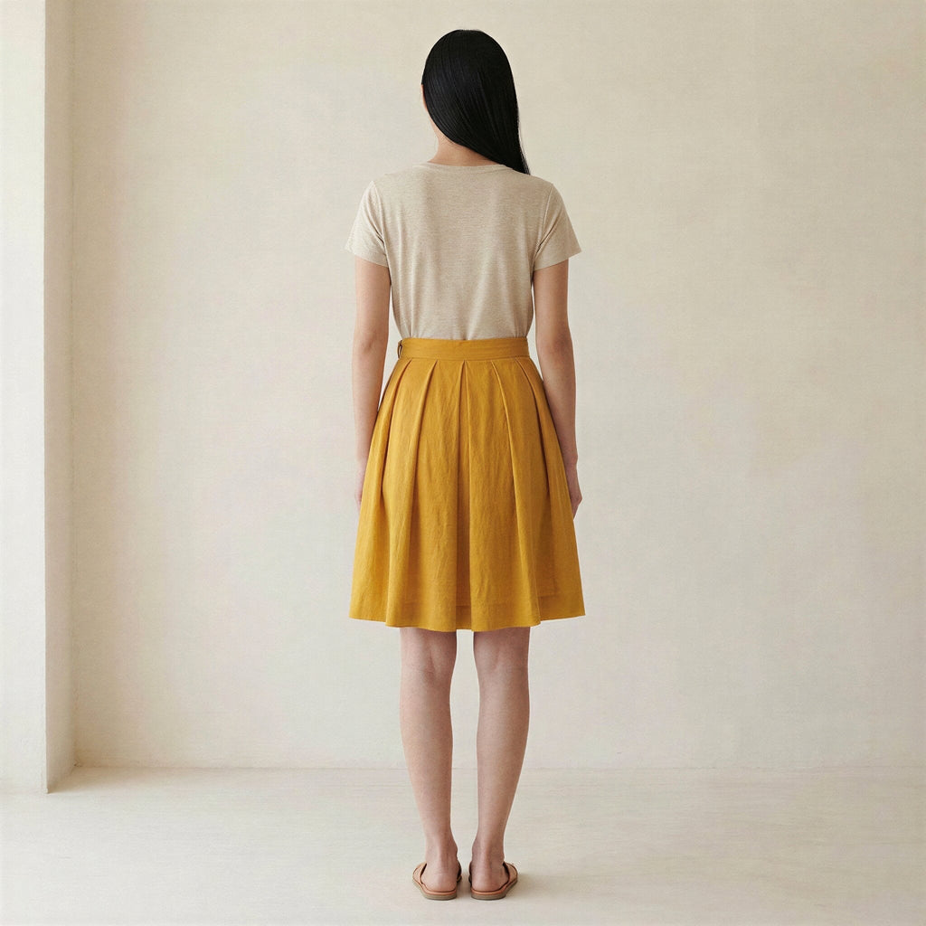 Yellow Cotton Flax Knee-Length Pleated Skirt
