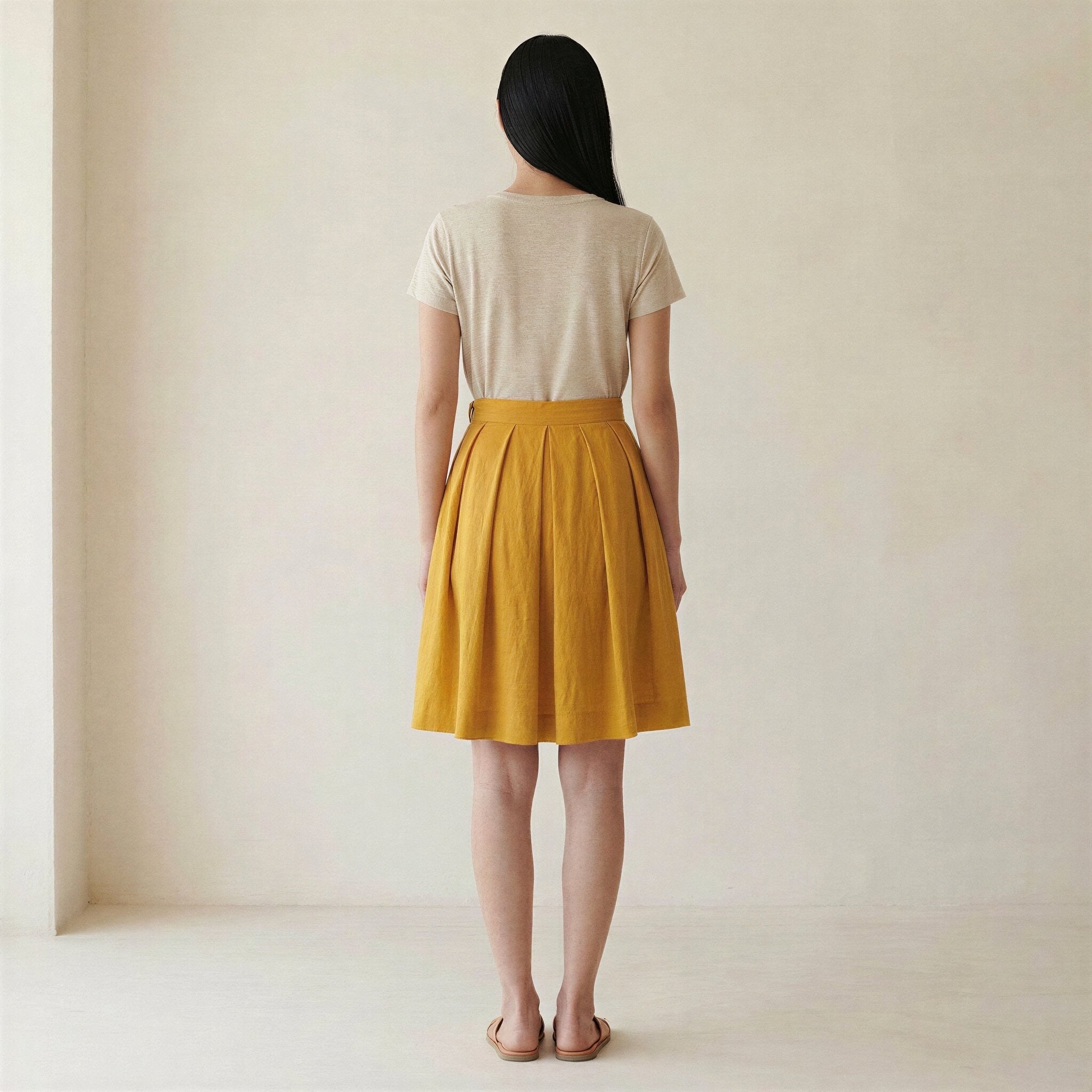 Yellow Cotton Flax Knee-Length Pleated Skirt