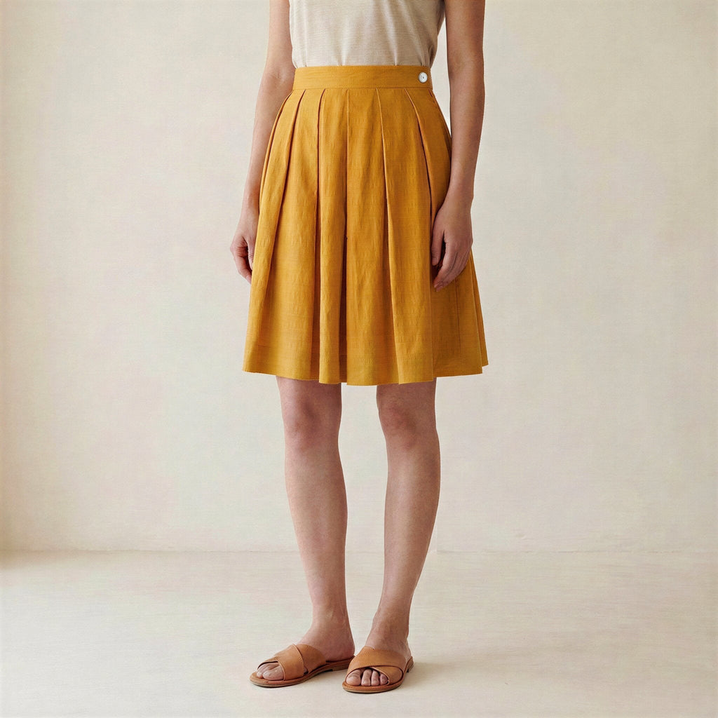 Yellow Cotton Flax Knee-Length Pleated Skirt