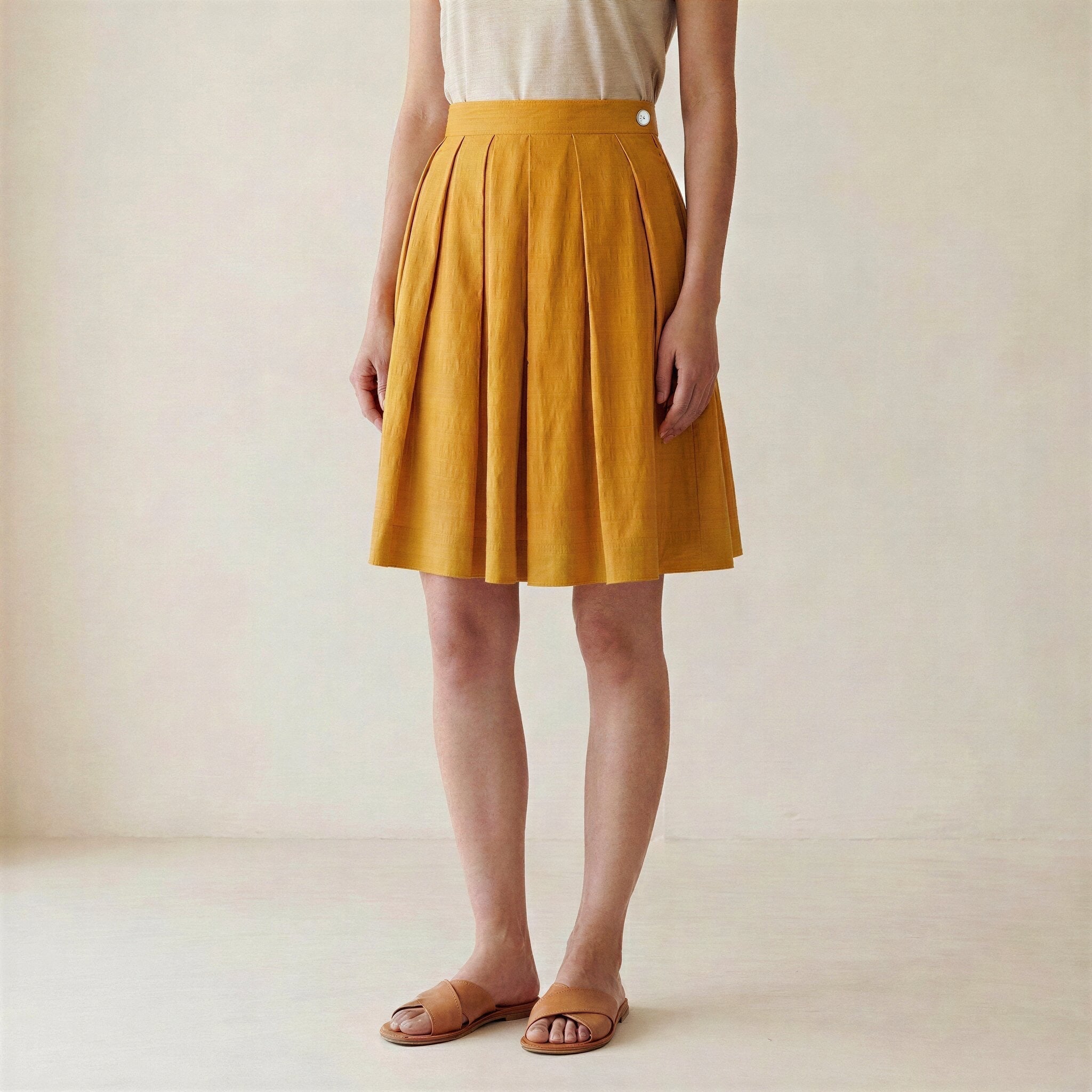 Yellow Cotton Flax Knee-Length Pleated Skirt