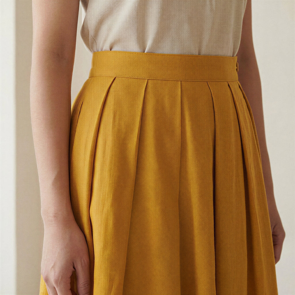 Yellow Cotton Flax Knee-Length Pleated Skirt