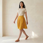 Yellow Cotton Flax Knee-Length Pleated Skirt