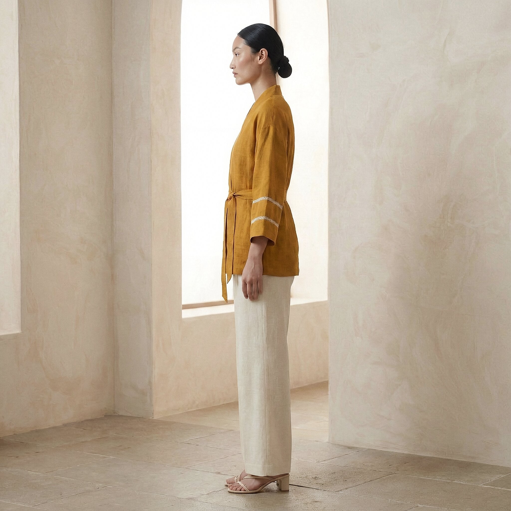 Yellow Cotton Flax Kyoto Kimono Sleeve Wrap Top