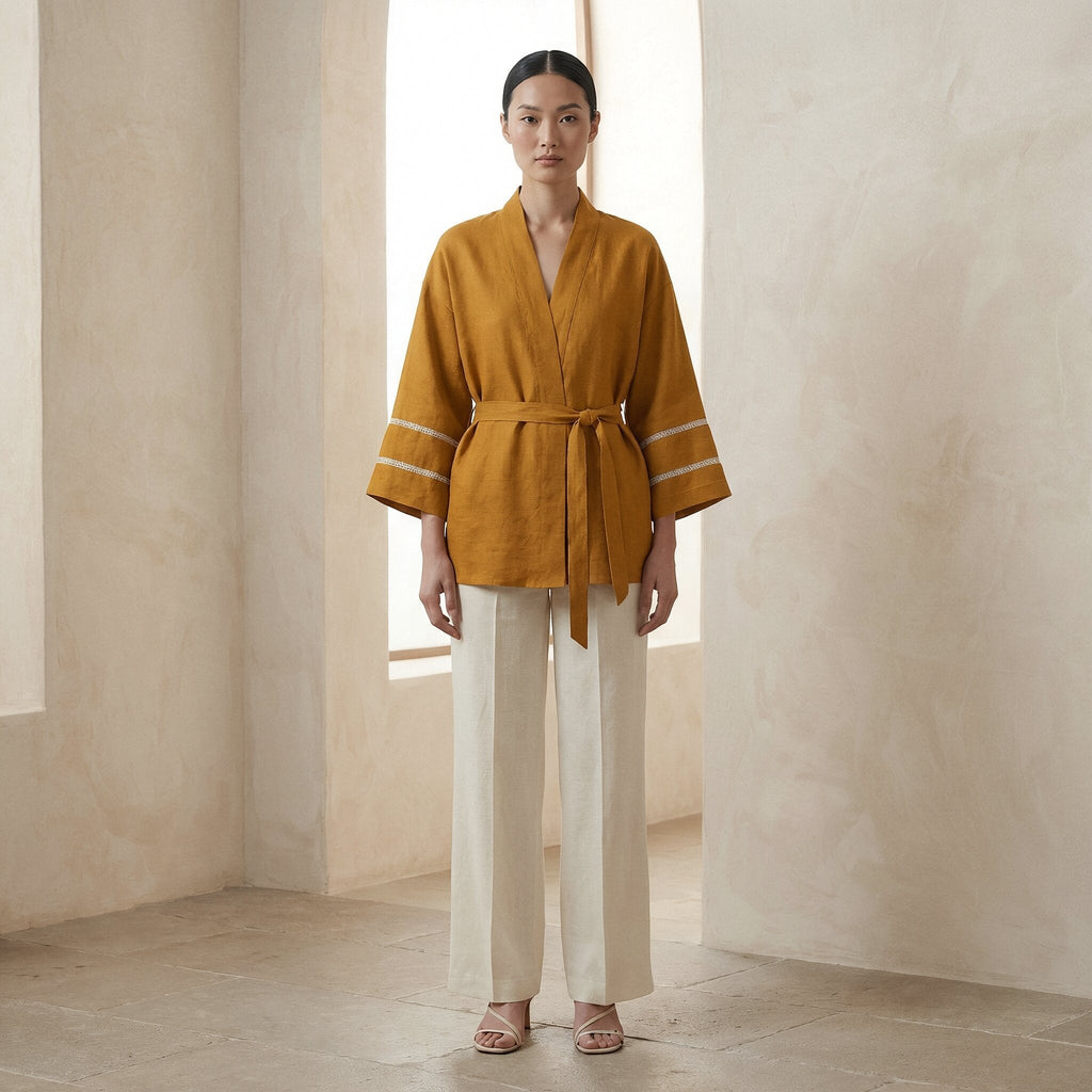 Yellow Cotton Flax Kyoto Kimono Sleeve Wrap Top