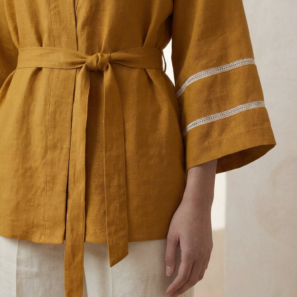 Yellow Cotton Flax Kyoto Kimono Sleeve Wrap Top