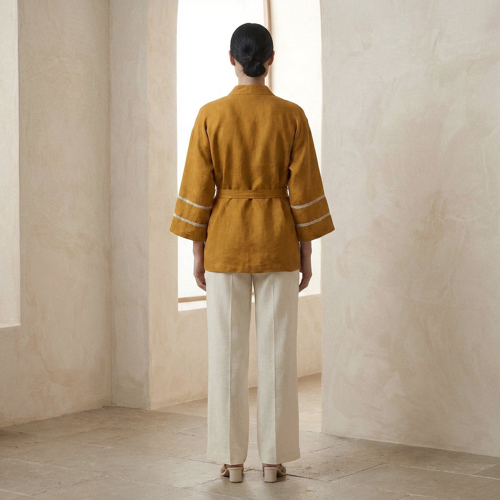 Yellow Cotton Flax Kyoto Kimono Sleeve Wrap Top