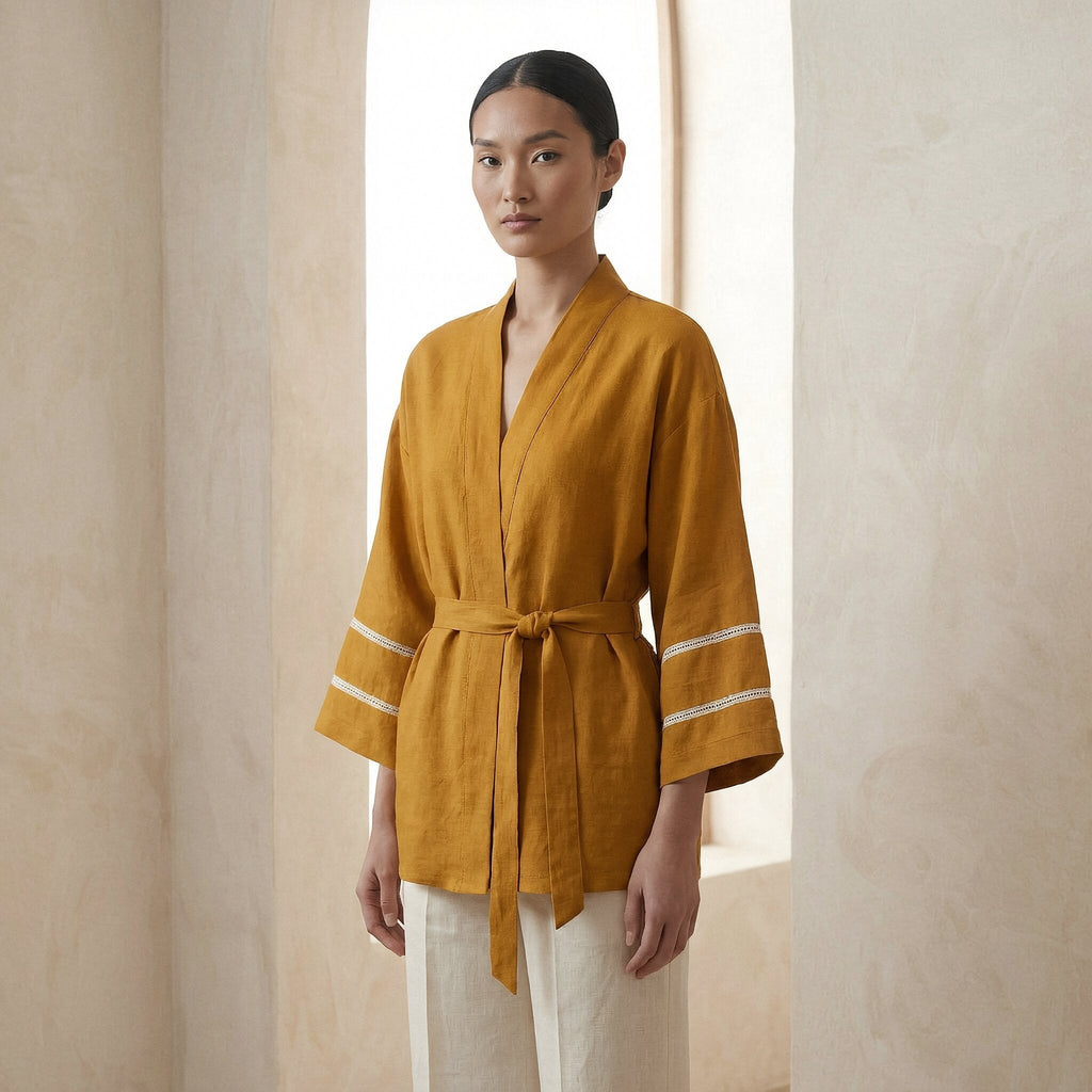 Yellow Cotton Flax Kyoto Kimono Sleeve Wrap Top