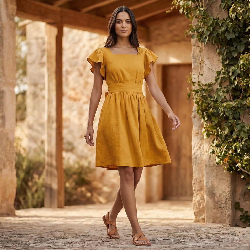 Yellow Cotton Flax Open-Back Fit and Flare Knee Length Dress
