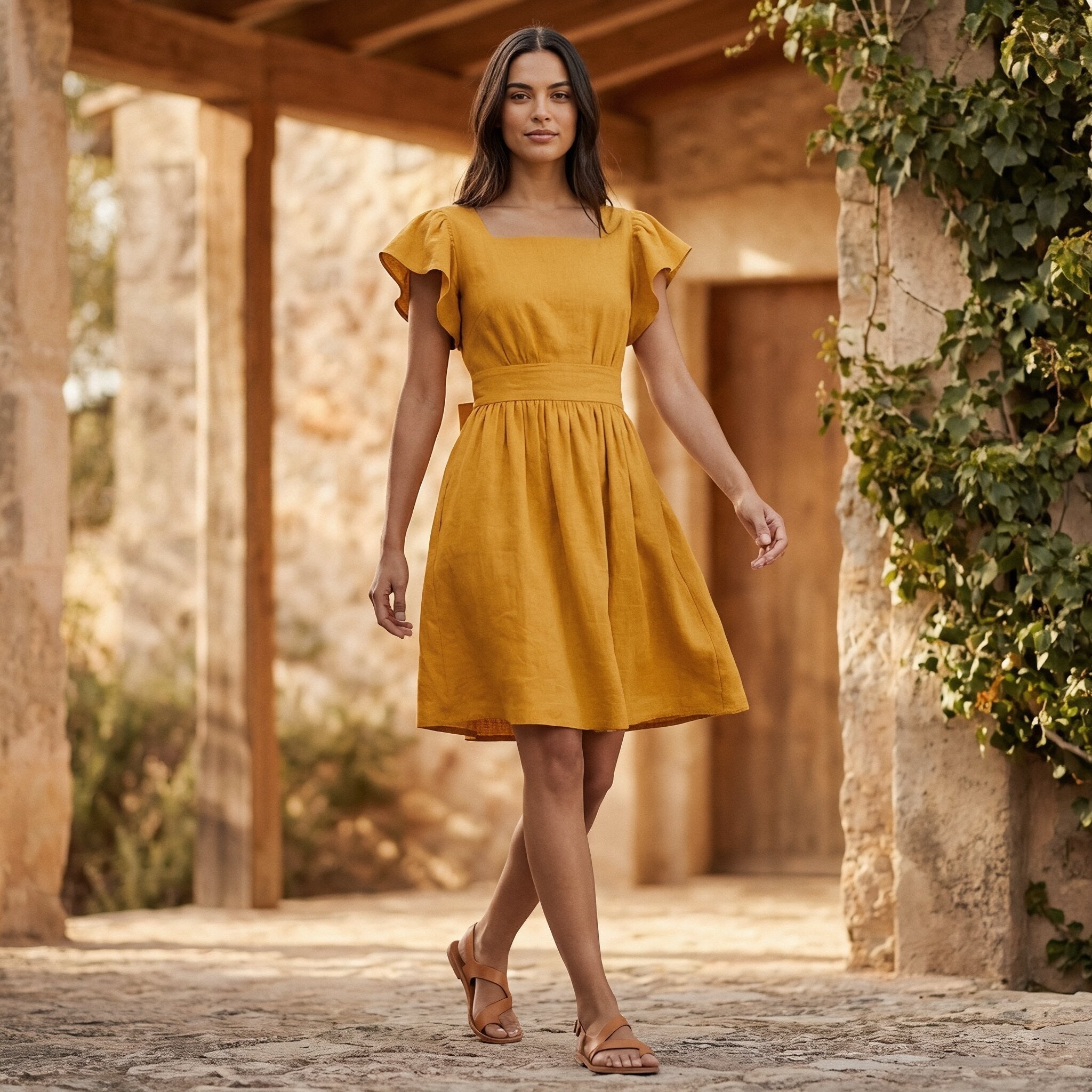 Yellow Cotton Flax Open-Back Fit and Flare Knee Length Dress