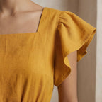 Yellow Cotton Flax Open-Back Fit and Flare Knee Length Dress