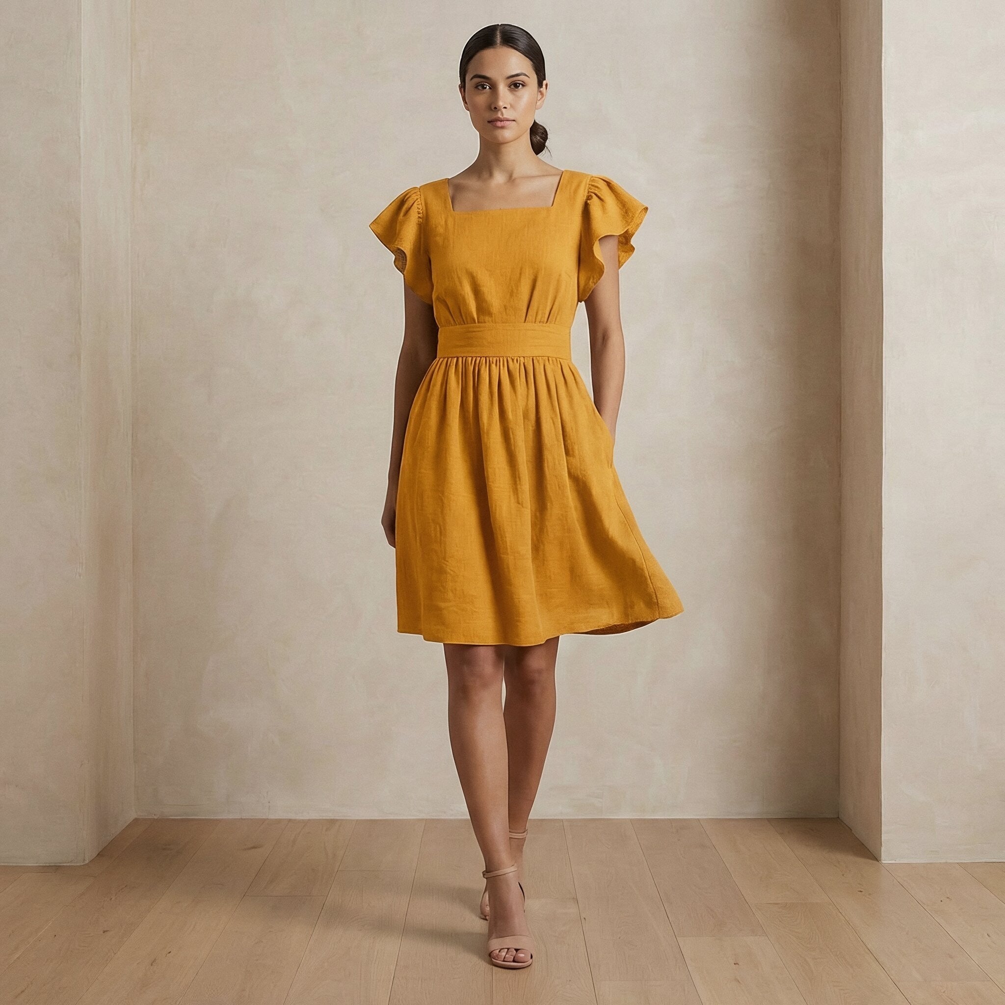 Yellow Cotton Flax Open-Back Fit and Flare Knee Length Dress