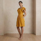 Yellow Cotton Flax Open-Back Fit and Flare Knee Length Dress
