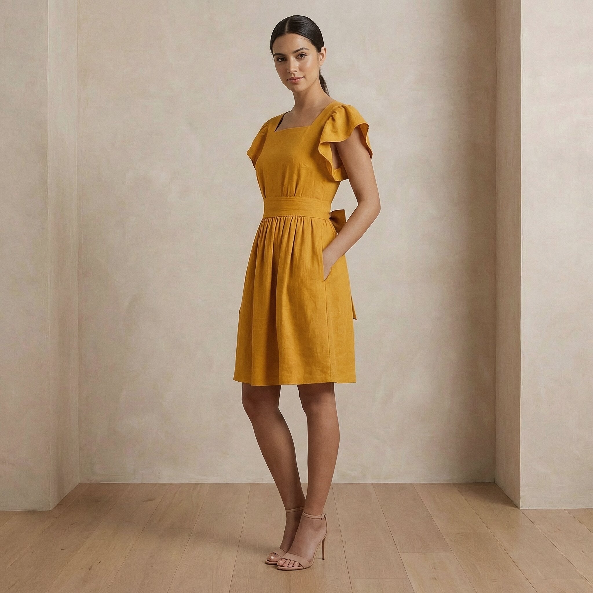 Yellow Cotton Flax Open-Back Fit and Flare Knee Length Dress