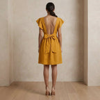 Yellow Cotton Flax Open-Back Fit and Flare Knee Length Dress
